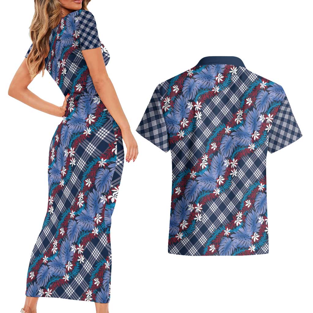 Polynesian Monstera Tiare Floral Couples Matching Short Sleeve Bodycon Dress and Hawaiian Shirt Royal Blue Tropical Plaid LT01 - Polynesian Pride