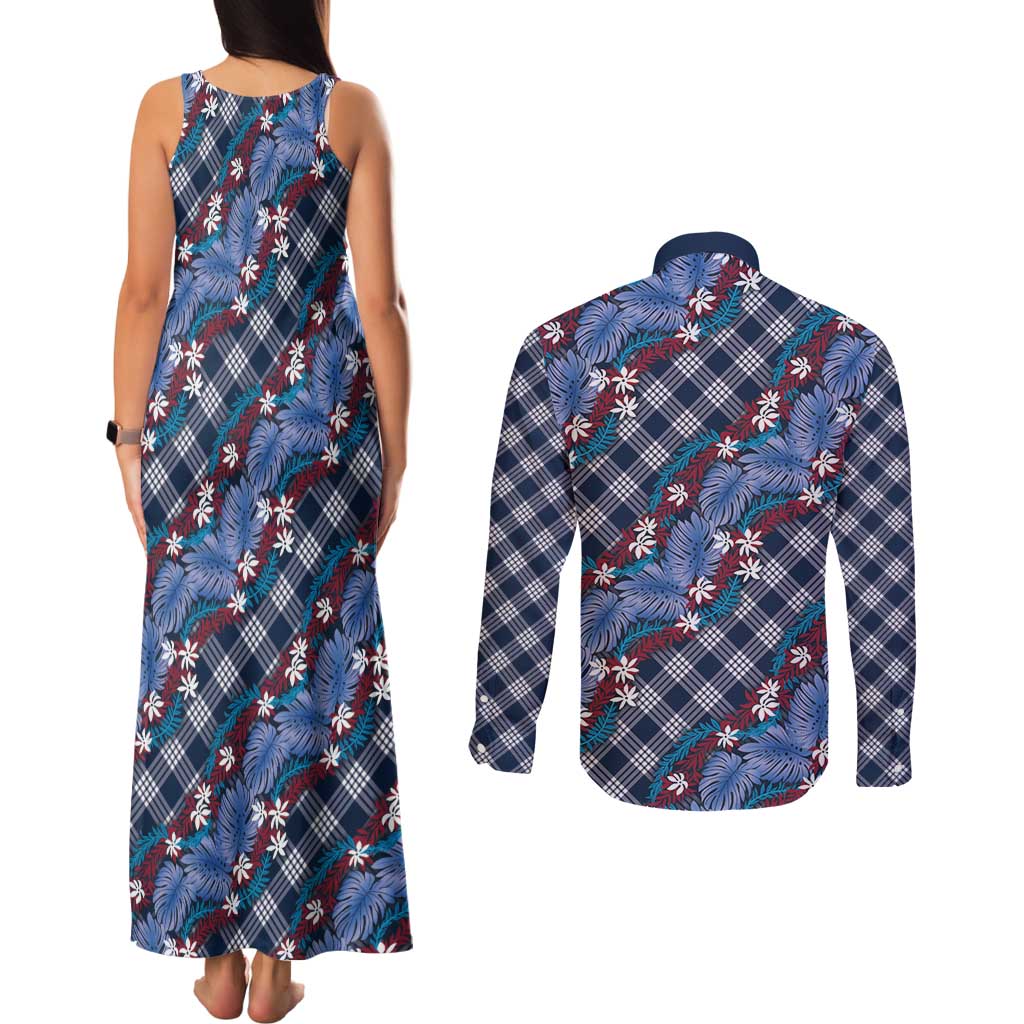 Polynesian Monstera Tiare Floral Couples Matching Tank Maxi Dress and Long Sleeve Button Shirt Royal Blue Tropical Plaid - Polynesian Pride