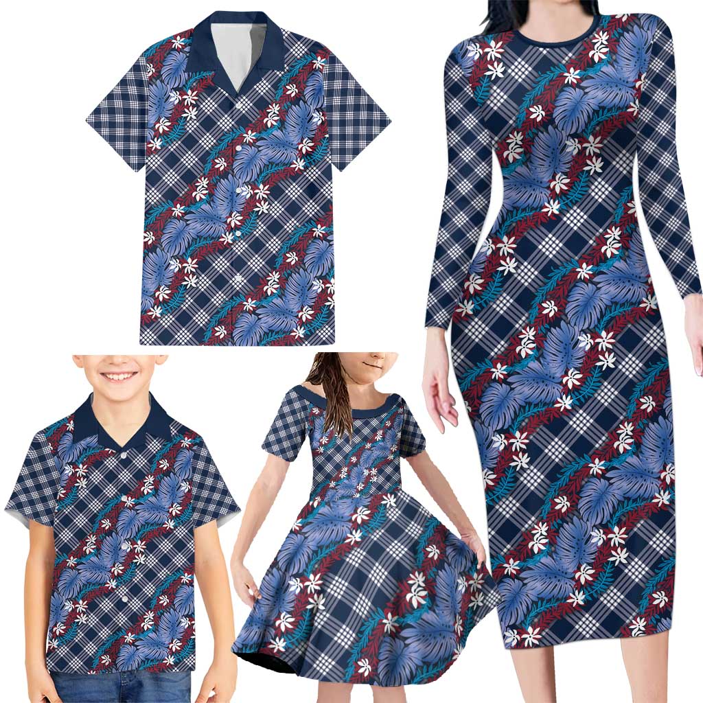Polynesian Monstera Tiare Floral Family Matching Long Sleeve Bodycon Dress and Hawaiian Shirt Royal Blue Tropical Plaid - Polynesian Pride