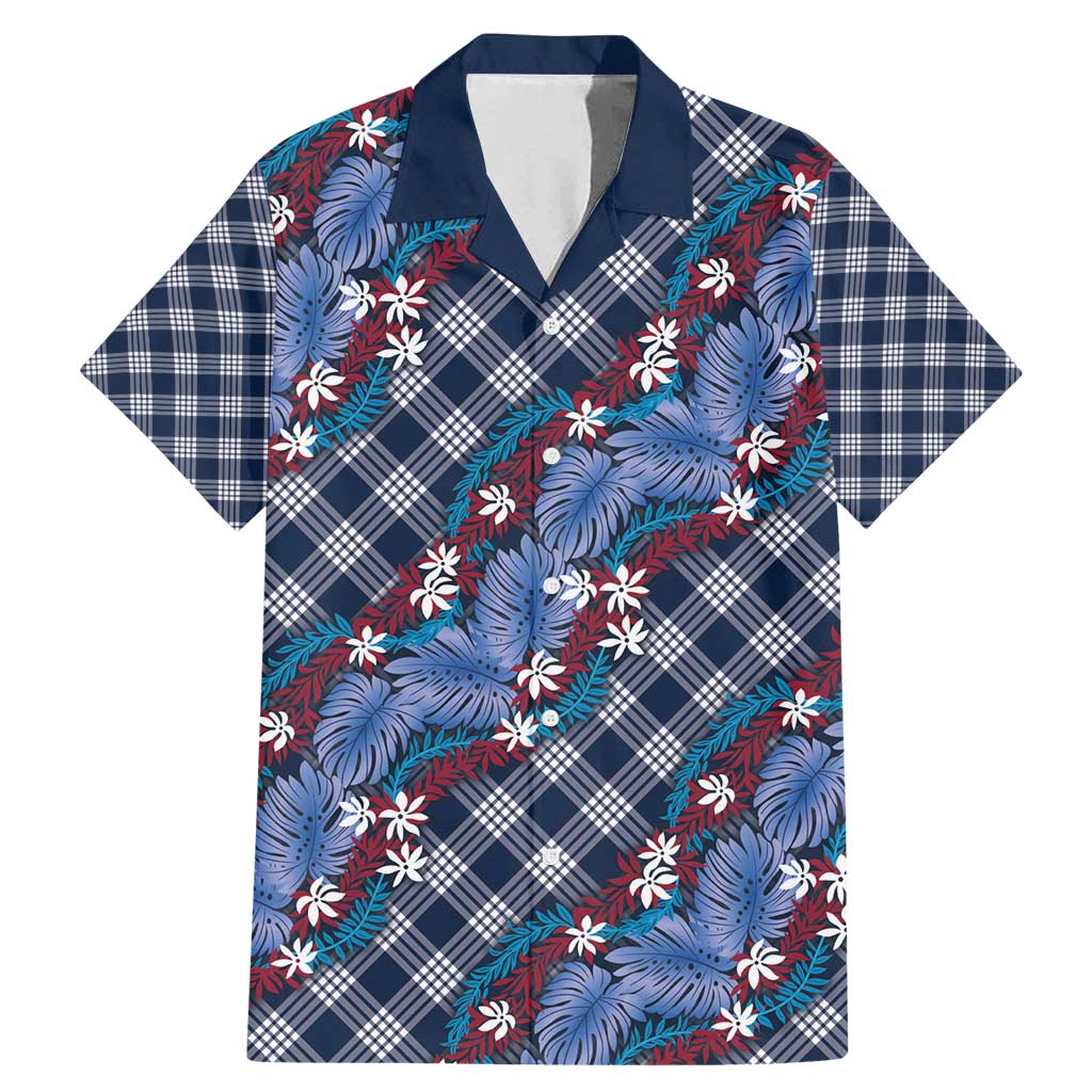 Polynesian Monstera Tiare Floral Family Matching Mermaid Dress and Hawaiian Shirt Royal Blue Tropical Plaid LT01 Dad's Shirt - Short Sleeve Blue - Polynesian Pride