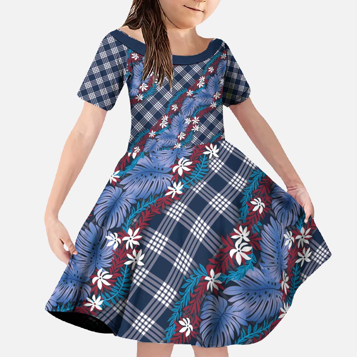 Polynesian Monstera Tiare Floral Family Matching Off The Shoulder Long Sleeve Dress and Hawaiian Shirt Royal Blue Tropical Plaid LT01 Daughter's Dress Blue - Polynesian Pride