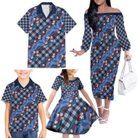 Polynesian Monstera Tiare Floral Family Matching Off The Shoulder Long Sleeve Dress and Hawaiian Shirt Royal Blue Tropical Plaid LT01 - Polynesian Pride