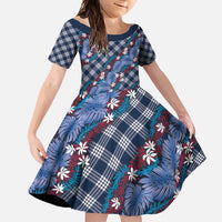 Polynesian Monstera Tiare Floral Family Matching Off Shoulder Maxi Dress and Hawaiian Shirt Royal Blue Tropical Plaid LT01 Daughter's Dress Blue - Polynesian Pride