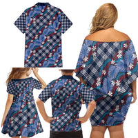 Polynesian Monstera Tiare Floral Family Matching Off Shoulder Short Dress and Hawaiian Shirt Royal Blue Tropical Plaid LT01 - Polynesian Pride