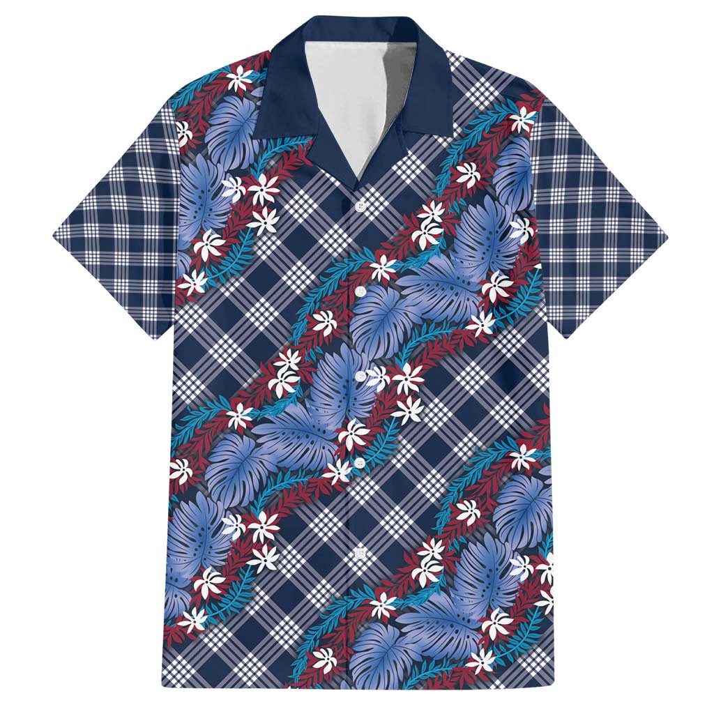 Polynesian Monstera Tiare Floral Family Matching Off Shoulder Short Dress and Hawaiian Shirt Royal Blue Tropical Plaid LT01 Dad's Shirt - Short Sleeve Blue - Polynesian Pride