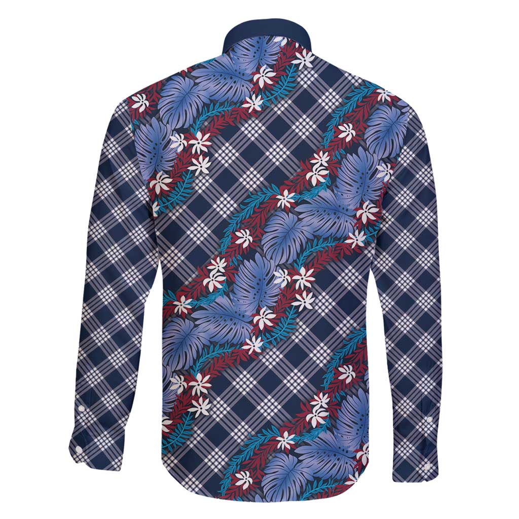 Polynesian Monstera Tiare Floral Family Matching Off Shoulder Short Dress and Hawaiian Shirt Royal Blue Tropical Plaid LT01 - Polynesian Pride