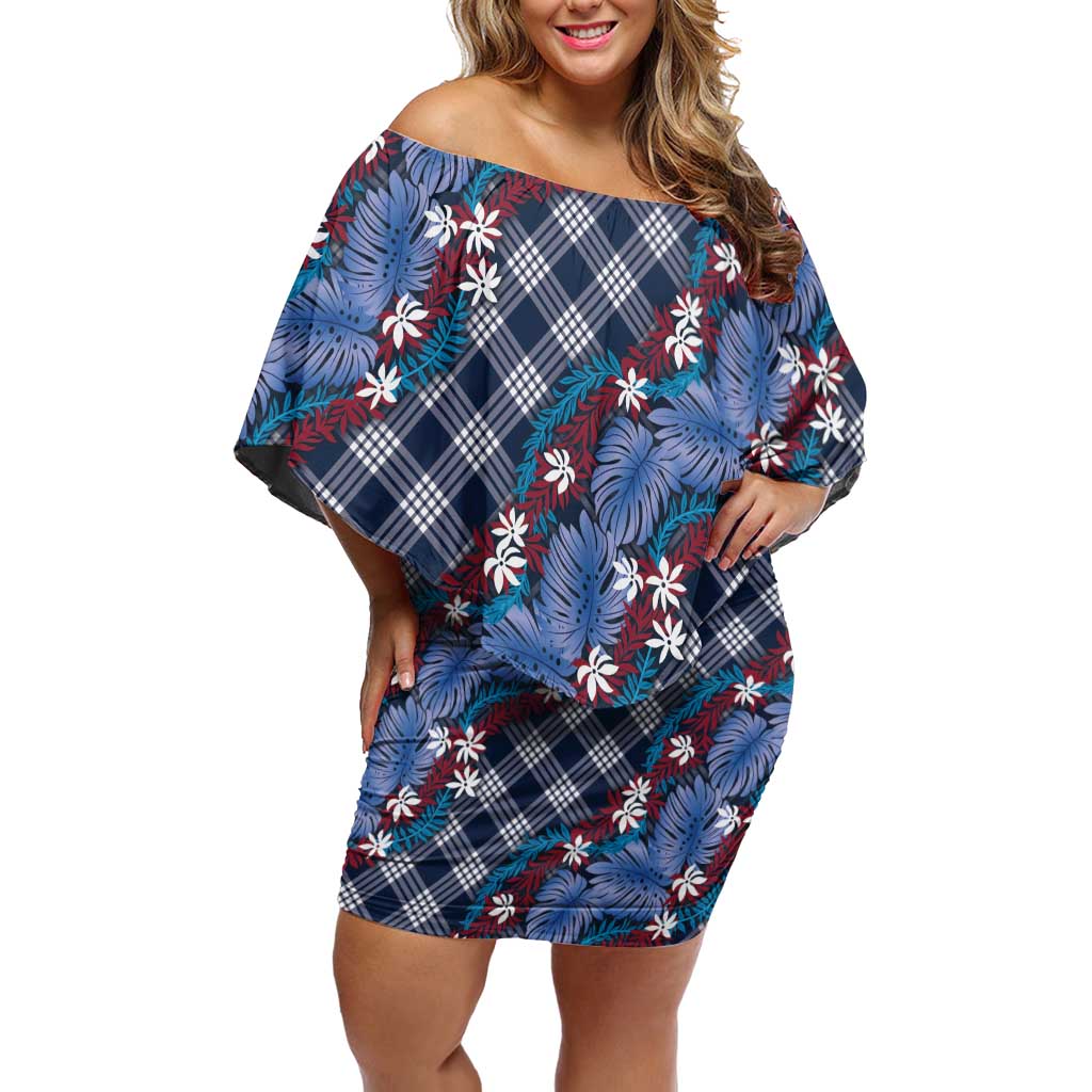 Polynesian Monstera Tiare Floral Family Matching Off Shoulder Short Dress and Hawaiian Shirt Royal Blue Tropical Plaid LT01 Mom's Dress Blue - Polynesian Pride