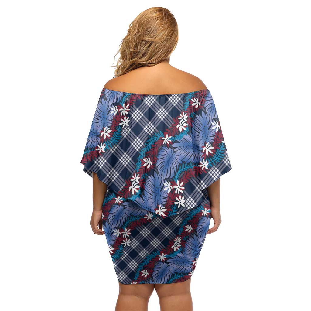 Polynesian Monstera Tiare Floral Family Matching Off Shoulder Short Dress and Hawaiian Shirt Royal Blue Tropical Plaid LT01 - Polynesian Pride