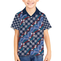 Polynesian Monstera Tiare Floral Family Matching Off Shoulder Short Dress and Hawaiian Shirt Royal Blue Tropical Plaid LT01 Son's Shirt Blue - Polynesian Pride