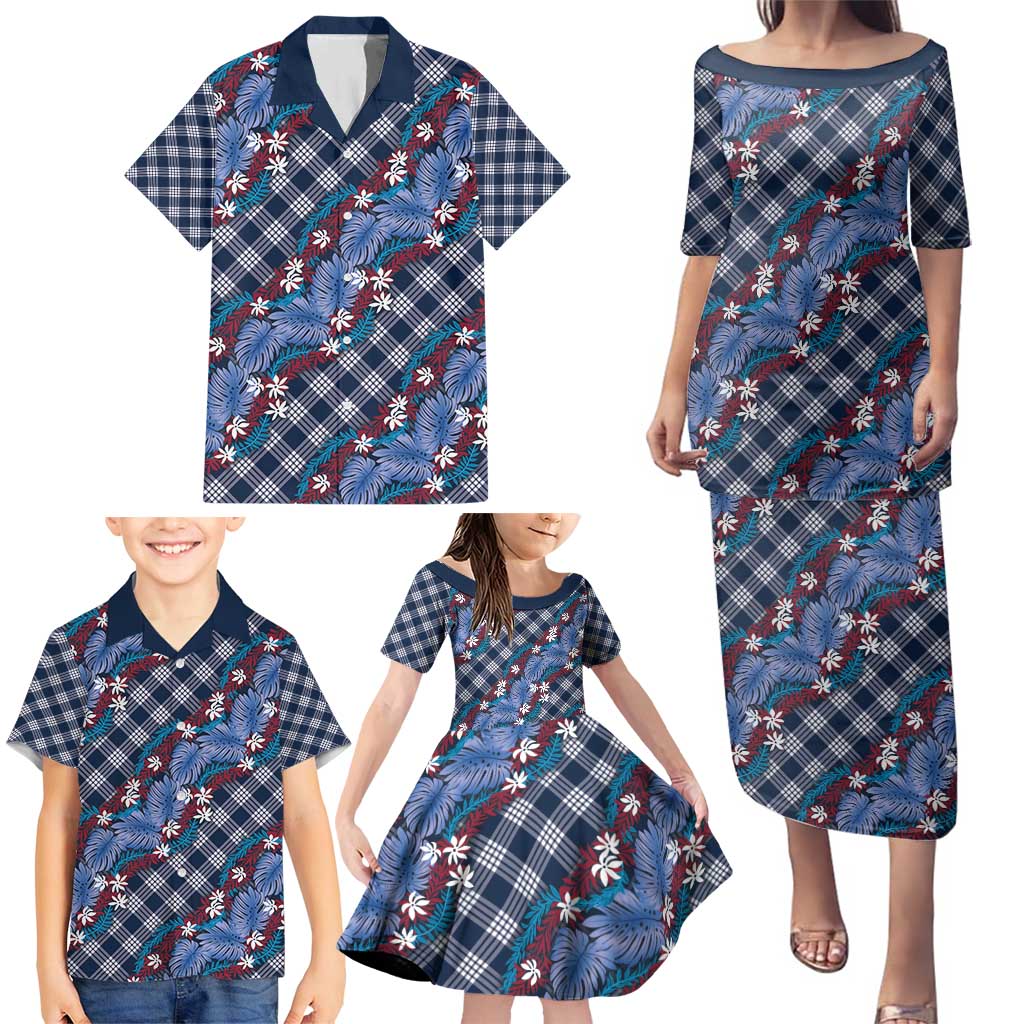 Polynesian Monstera Tiare Floral Family Matching Puletasi and Hawaiian Shirt Royal Blue Tropical Plaid LT01 - Polynesian Pride