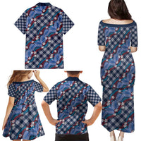 Polynesian Monstera Tiare Floral Family Matching Puletasi and Hawaiian Shirt Royal Blue Tropical Plaid LT01 - Polynesian Pride