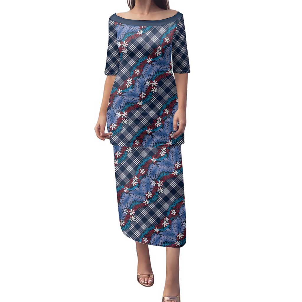 Polynesian Monstera Tiare Floral Family Matching Puletasi and Hawaiian Shirt Royal Blue Tropical Plaid LT01 Mom's Dress Blue - Polynesian Pride