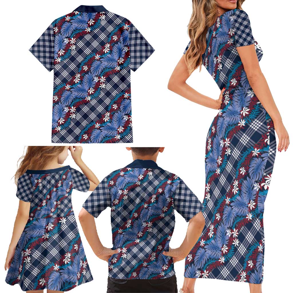 Polynesian Monstera Tiare Floral Family Matching Short Sleeve Bodycon Dress and Hawaiian Shirt Royal Blue Tropical Plaid LT01 - Polynesian Pride