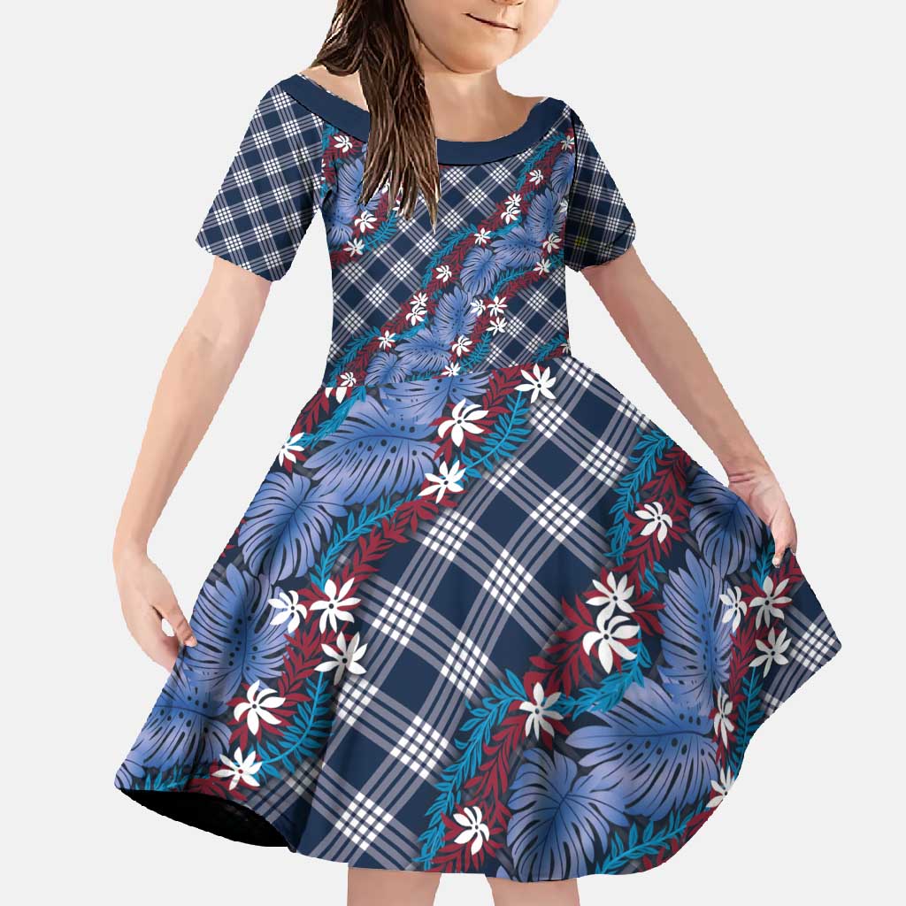Polynesian Monstera Tiare Floral Family Matching Summer Maxi Dress and Hawaiian Shirt Royal Blue Tropical Plaid LT01 Daughter's Dress Blue - Polynesian Pride