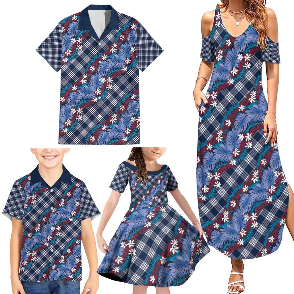 Polynesian Monstera Tiare Floral Family Matching Summer Maxi Dress and Hawaiian Shirt Royal Blue Tropical Plaid - Polynesian Pride