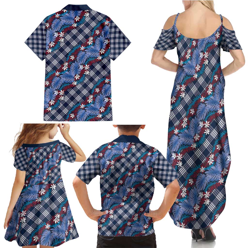 Polynesian Monstera Tiare Floral Family Matching Summer Maxi Dress and Hawaiian Shirt Royal Blue Tropical Plaid LT01 - Polynesian Pride