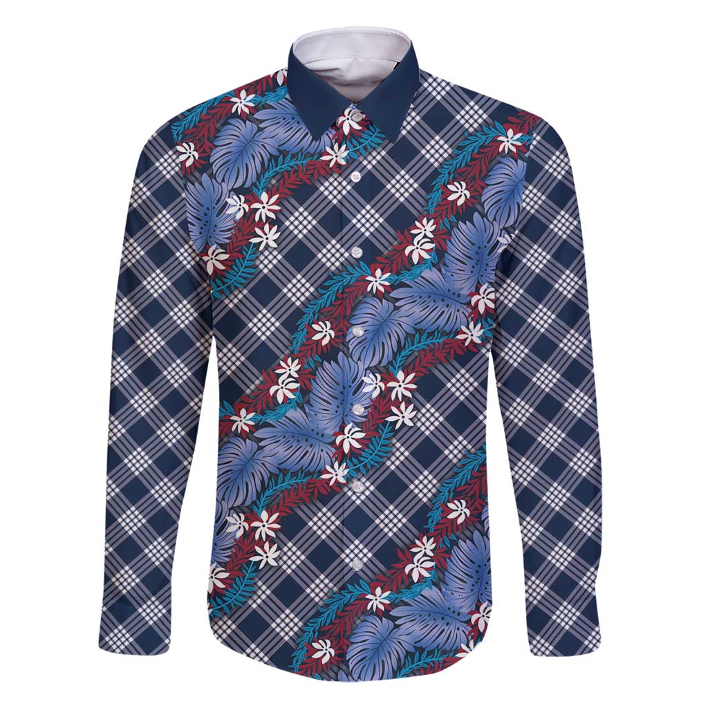 Polynesian Monstera Tiare Floral Family Matching Summer Maxi Dress and Hawaiian Shirt Royal Blue Tropical Plaid LT01 Dad's Shirt - Long Sleeve Blue - Polynesian Pride