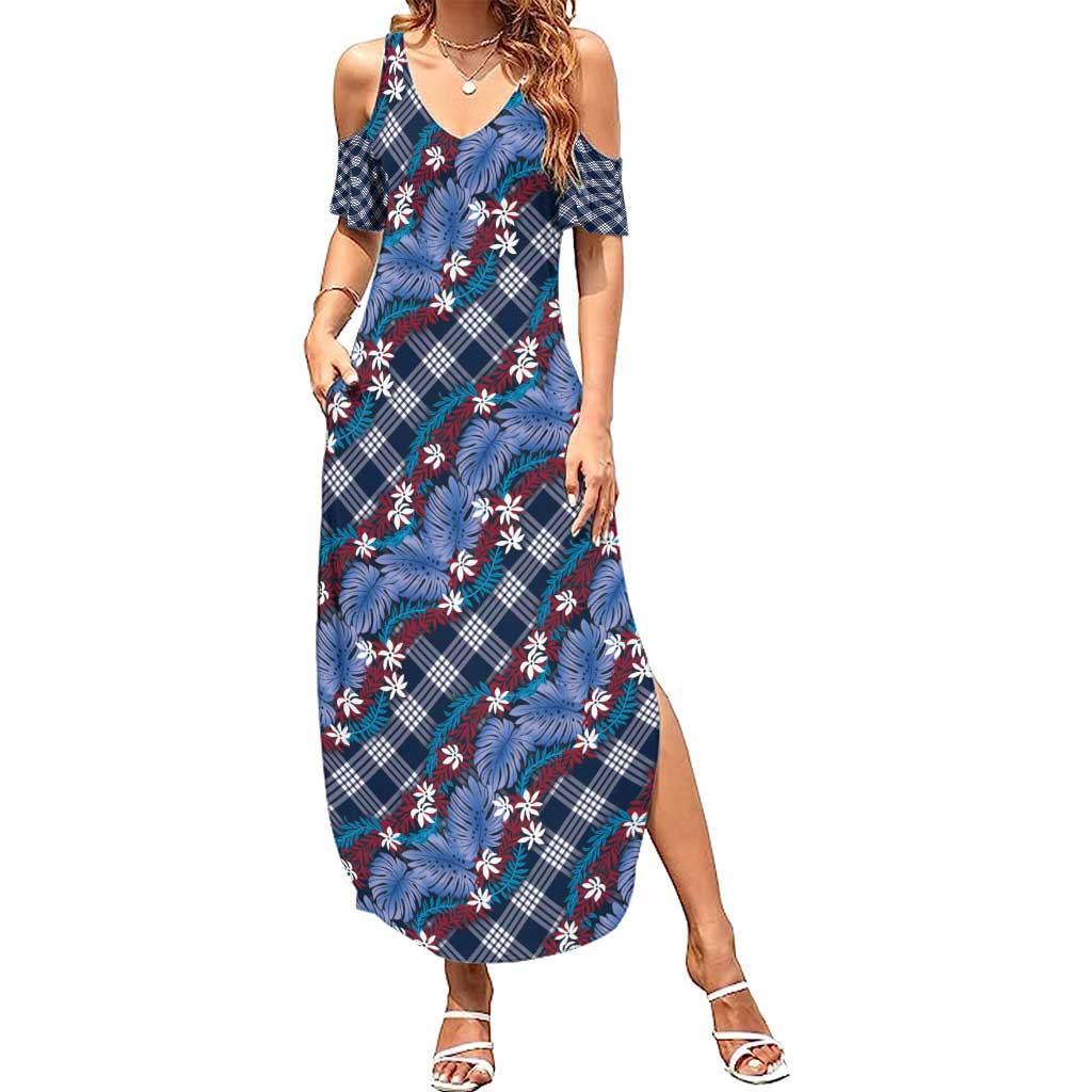 Polynesian Monstera Tiare Floral Family Matching Summer Maxi Dress and Hawaiian Shirt Royal Blue Tropical Plaid LT01 Mom's Dress Blue - Polynesian Pride