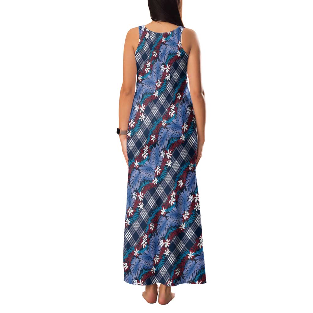 Polynesian Monstera Tiare Floral Family Matching Tank Maxi Dress and Hawaiian Shirt Royal Blue Tropical Plaid LT01 - Polynesian Pride