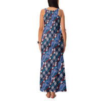 Polynesian Monstera Tiare Floral Family Matching Tank Maxi Dress and Hawaiian Shirt Royal Blue Tropical Plaid LT01 - Polynesian Pride
