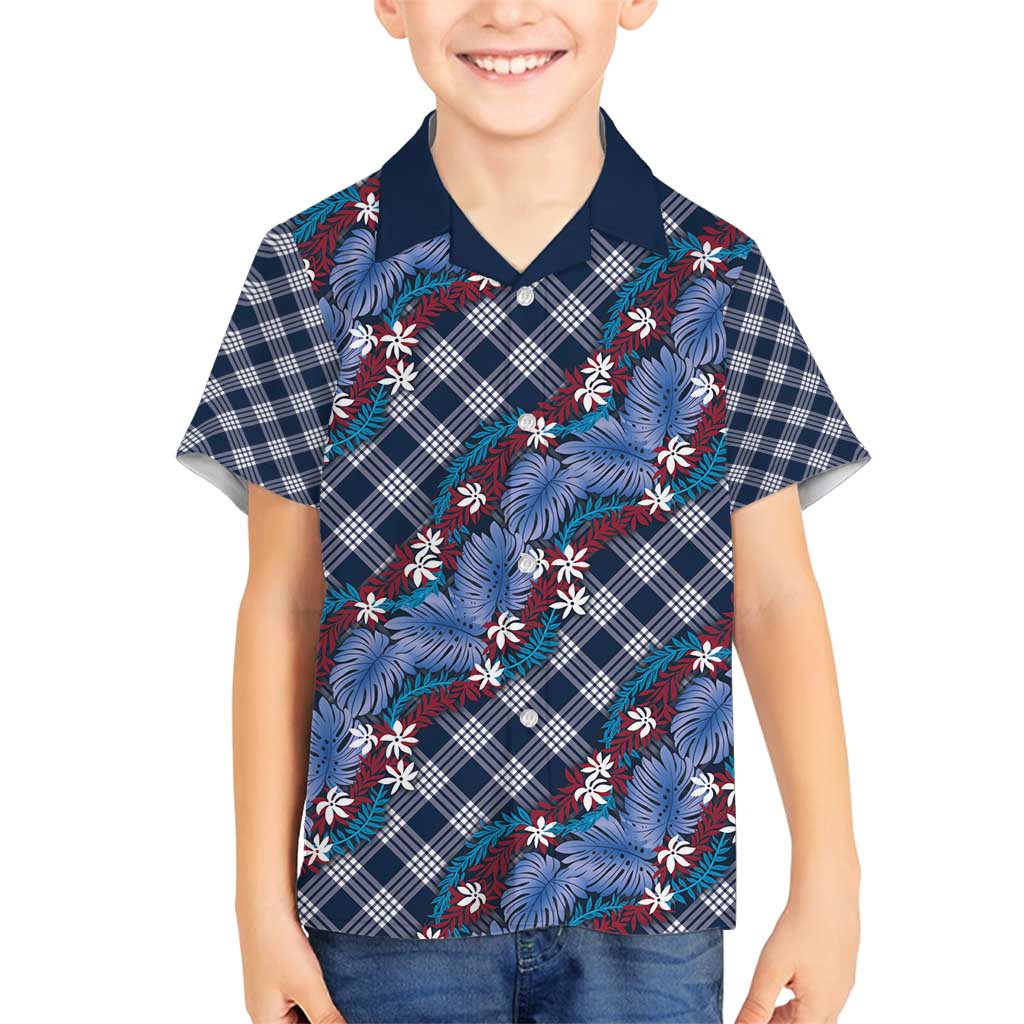Polynesian Monstera Tiare Floral Family Matching Tank Maxi Dress and Hawaiian Shirt Royal Blue Tropical Plaid LT01 Son's Shirt Blue - Polynesian Pride