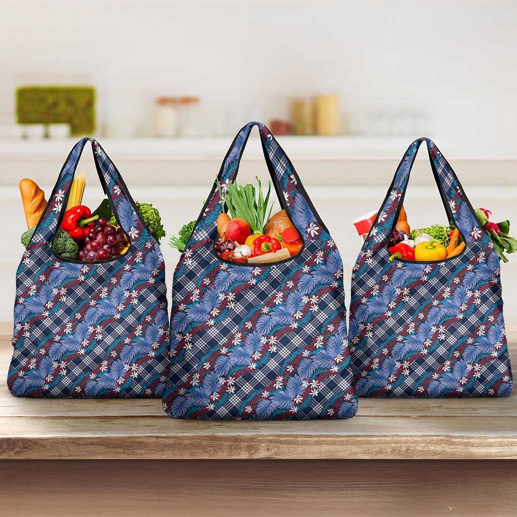 Polynesian Monstera Tiare Floral Grocery Bag Royal Blue Tropical Plaid LT01 3-pack One Size Blue - Polynesian Pride