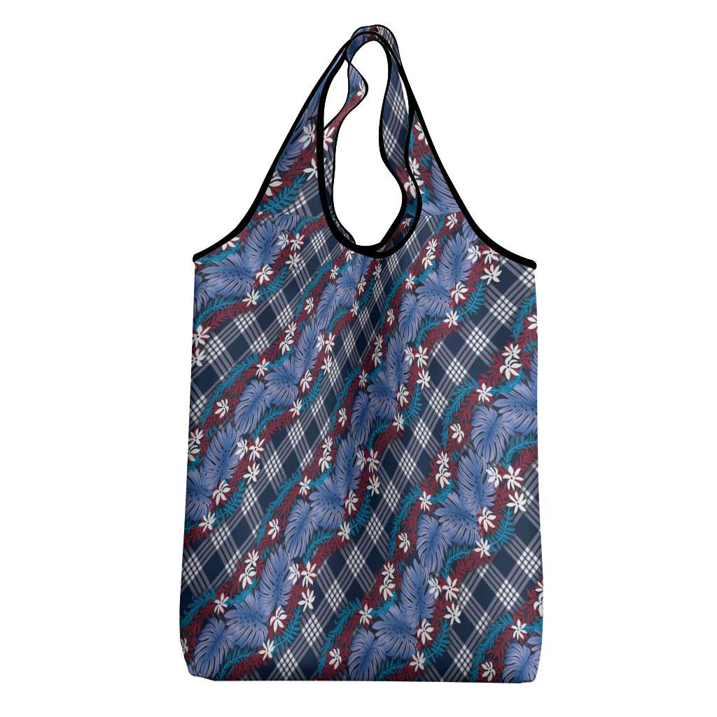 Polynesian Monstera Tiare Floral Grocery Bag Royal Blue Tropical Plaid LT01 - Polynesian Pride