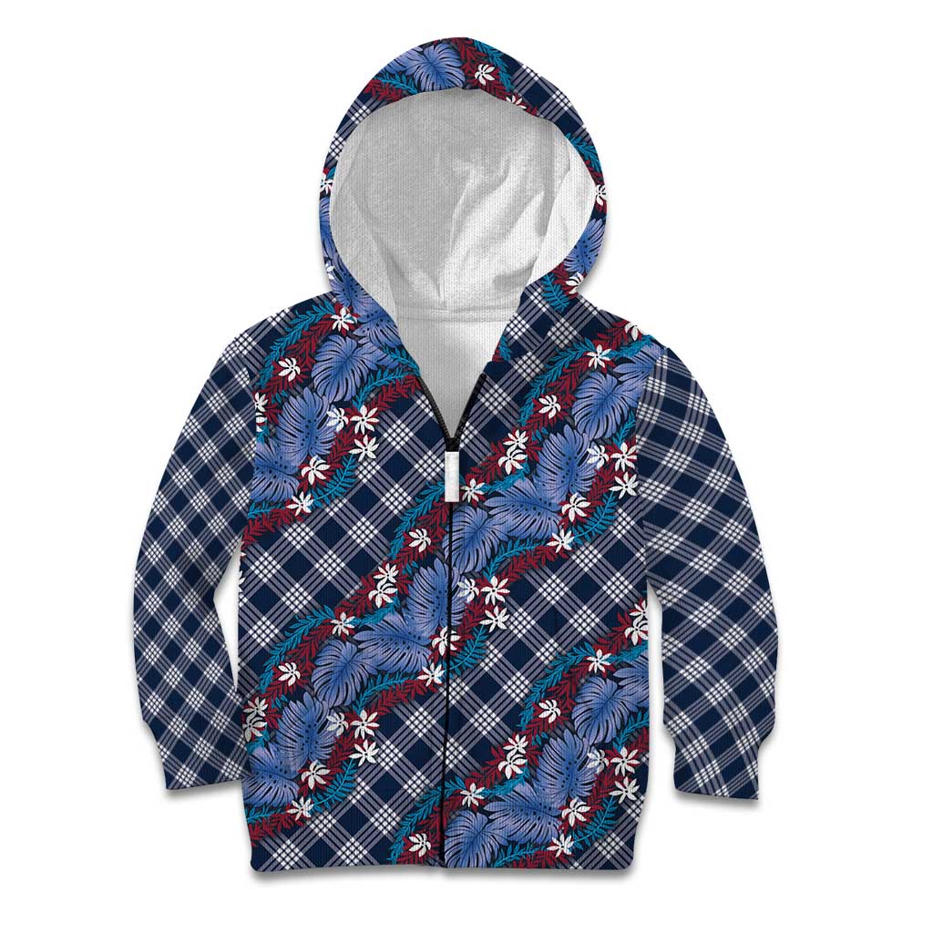 Polynesian Monstera Tiare Floral Kid Hoodie Royal Blue Tropical Plaid LT01 Zip Hoodie Blue - Polynesian Pride
