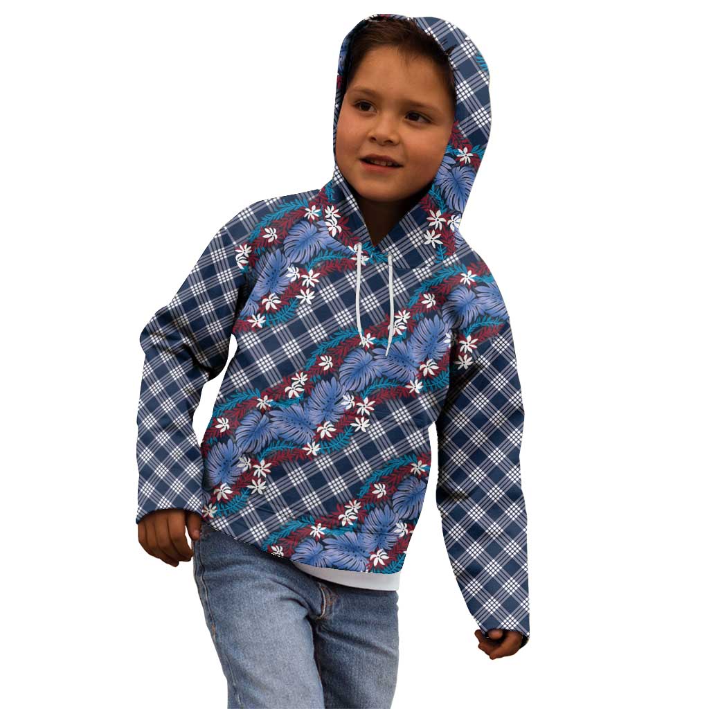 Polynesian Monstera Tiare Floral Kid Hoodie Royal Blue Tropical Plaid LT01 - Polynesian Pride