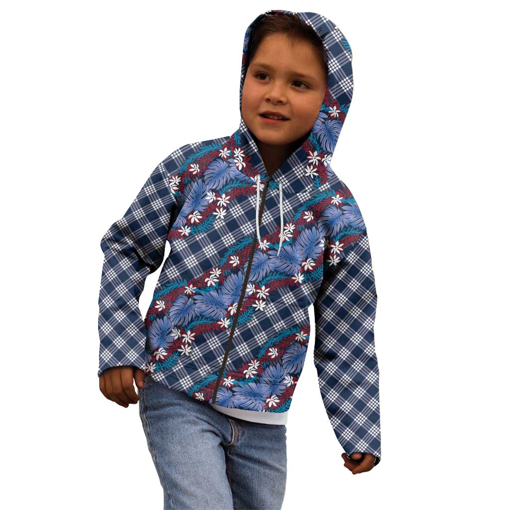 Polynesian Monstera Tiare Floral Kid Hoodie Royal Blue Tropical Plaid LT01 - Polynesian Pride