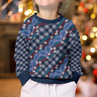 Polynesian Monstera Tiare Floral Kid Ugly Christmas Sweater Royal Blue Tropical Plaid - Polynesian Pride