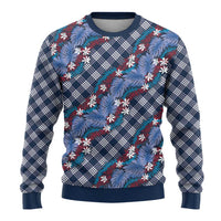 Polynesian Monstera Tiare Floral Ugly Christmas Sweater Royal Blue Tropical Plaid - Polynesian Pride