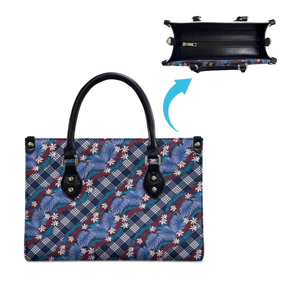 Polynesian Monstera Tiare Floral Leather Bag Royal Blue Tropical Plaid - Polynesian Pride
