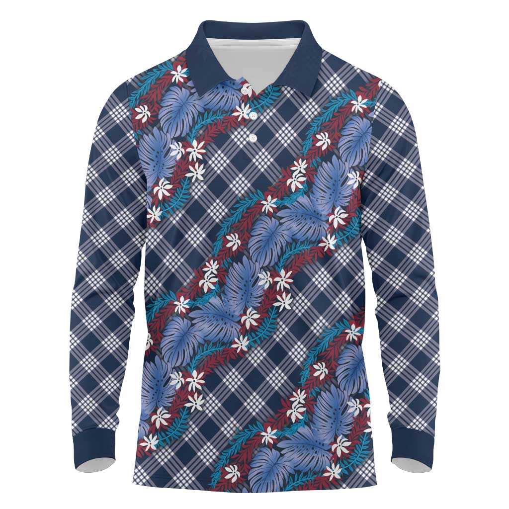 Polynesian Monstera Tiare Floral Long Sleeve Polo Shirt Royal Blue Tropical Plaid - Polynesian Pride
