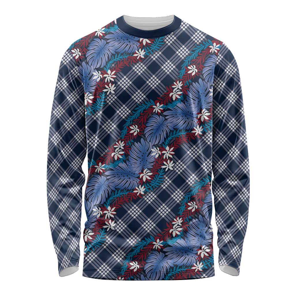 Polynesian Monstera Tiare Floral Long Sleeve Shirt Royal Blue Tropical Plaid LT01 Unisex Blue - Polynesian Pride