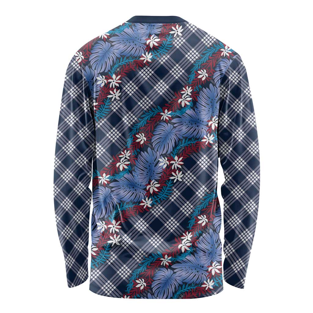 Polynesian Monstera Tiare Floral Long Sleeve Shirt Royal Blue Tropical Plaid LT01 - Polynesian Pride