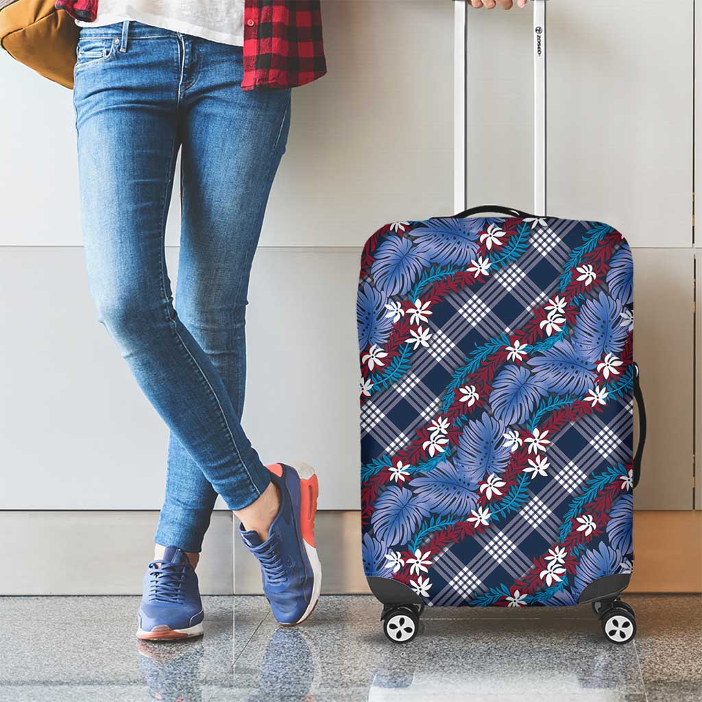 Polynesian Monstera Tiare Floral Luggage Cover Royal Blue Tropical Plaid - Polynesian Pride