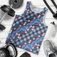Polynesian Monstera Tiare Floral Men Tank Top Royal Blue Tropical Plaid - Polynesian Pride