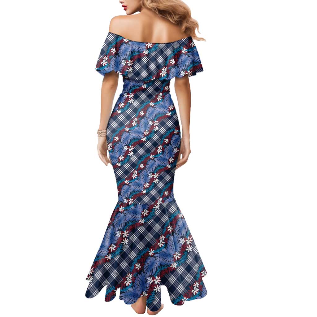 Polynesian Monstera Tiare Floral Mermaid Dress Royal Blue Tropical Plaid - Polynesian Pride