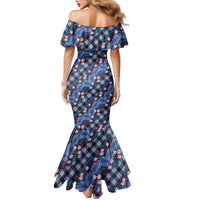 Polynesian Monstera Tiare Floral Mermaid Dress Royal Blue Tropical Plaid - Polynesian Pride