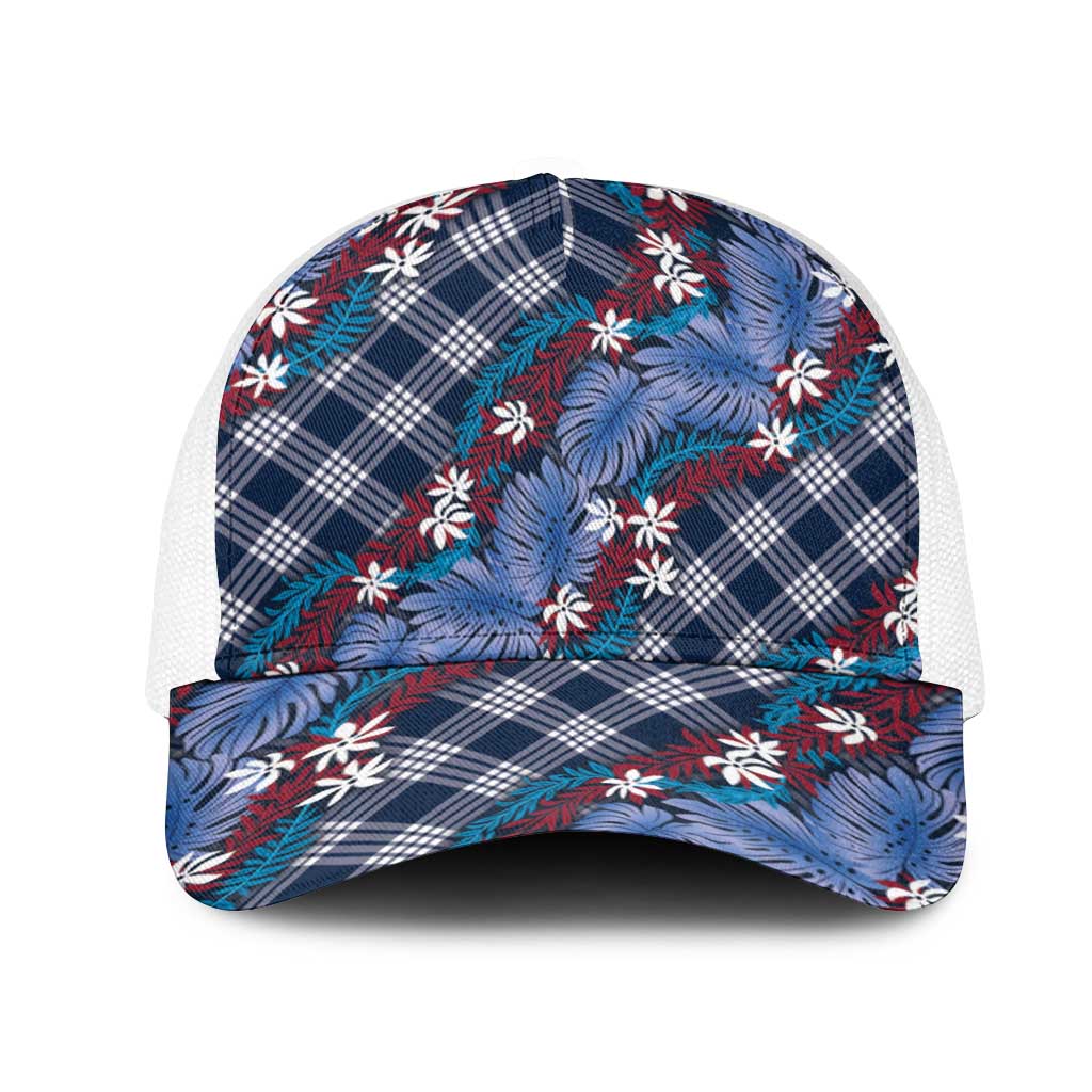 Polynesian Monstera Tiare Floral Mesh Trucker Cap Royal Blue Tropical Plaid - Polynesian Pride