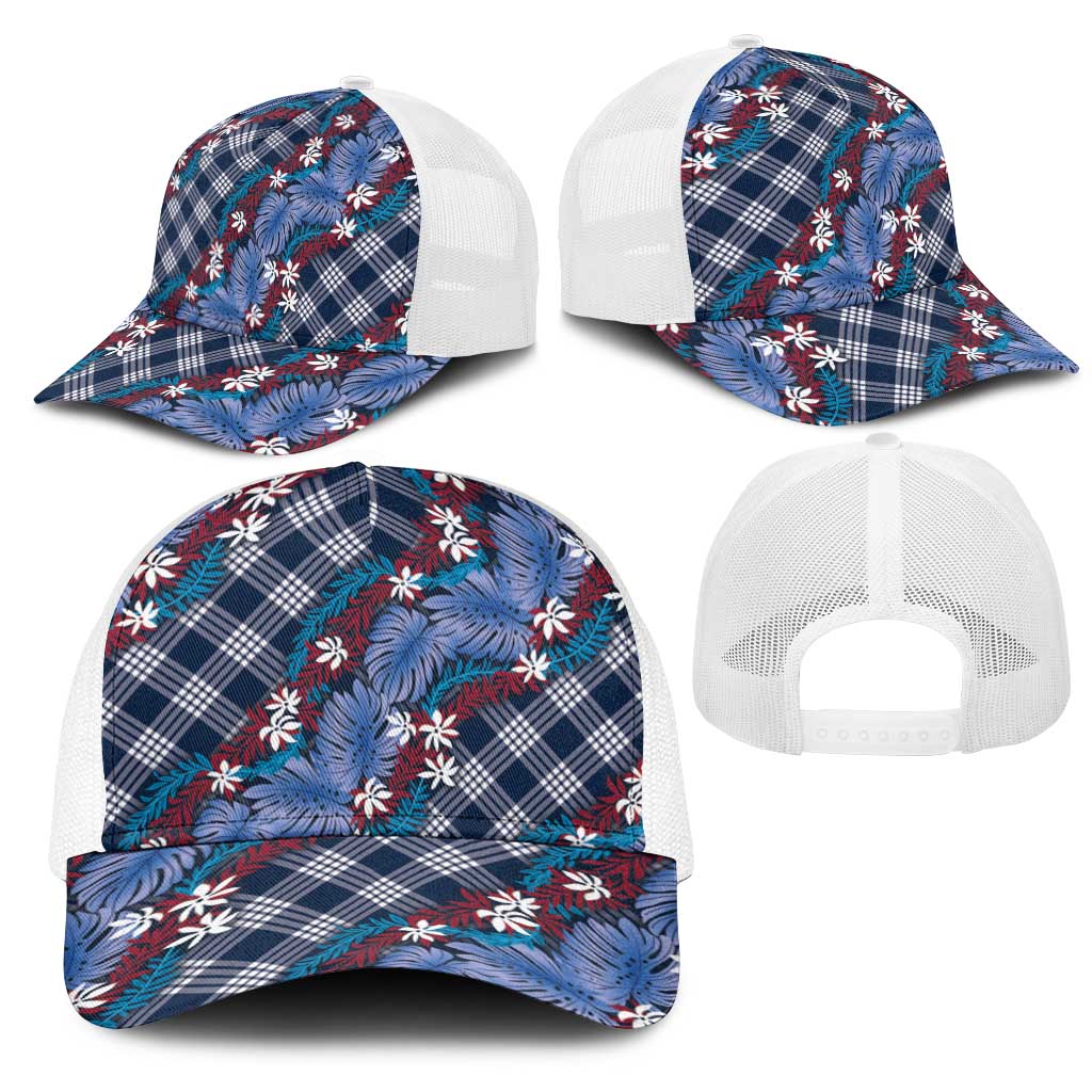 Polynesian Monstera Tiare Floral Mesh Trucker Cap Royal Blue Tropical Plaid - Polynesian Pride