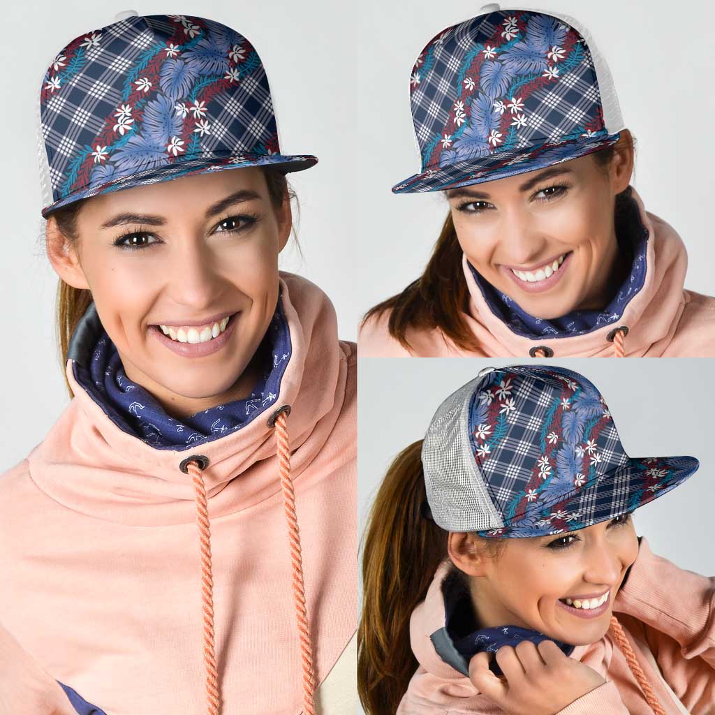Polynesian Monstera Tiare Floral Mesh Trucker Cap Royal Blue Tropical Plaid - Polynesian Pride
