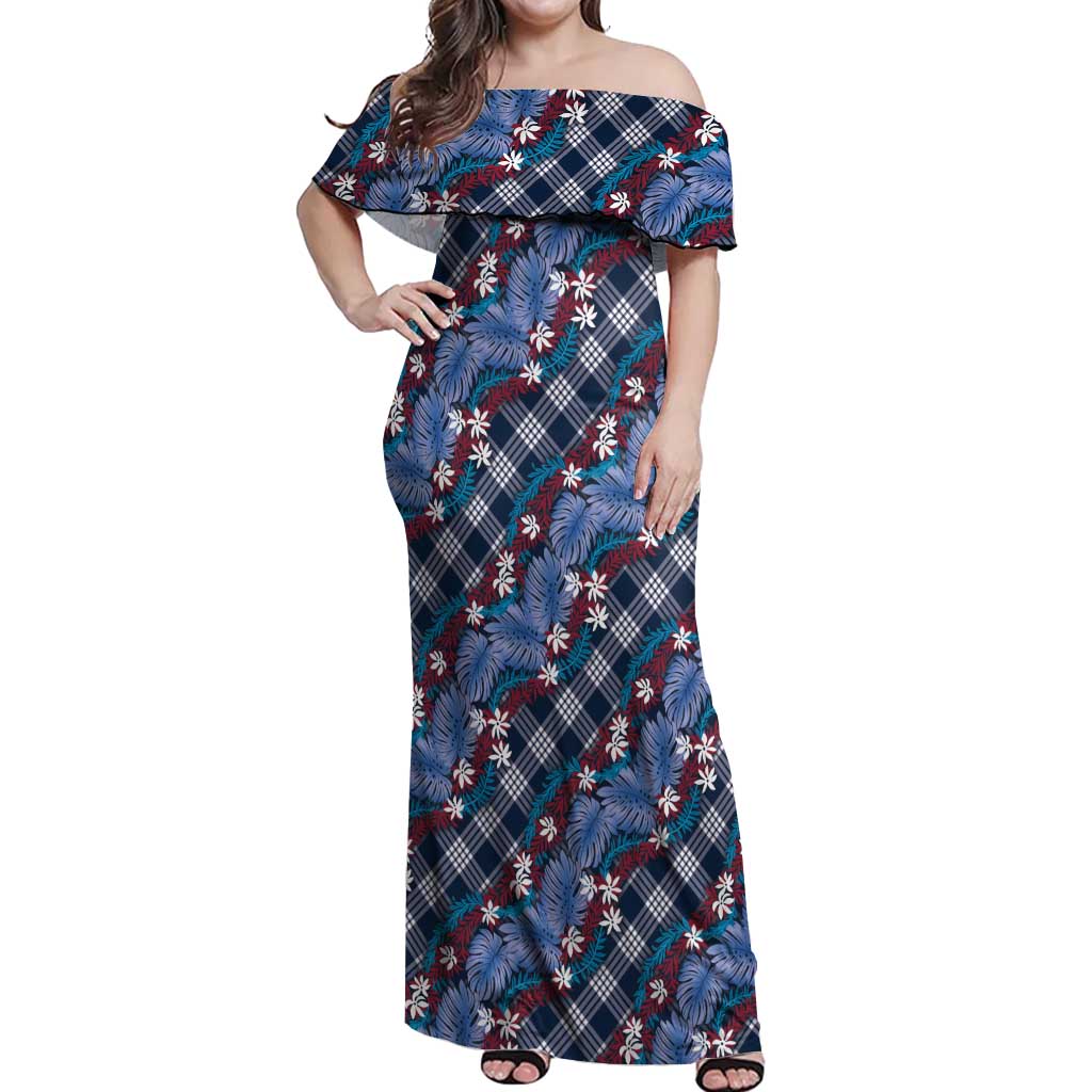 Polynesian Monstera Tiare Floral Off Shoulder Maxi Dress Royal Blue Tropical Plaid LT01 Women Blue - Polynesian Pride