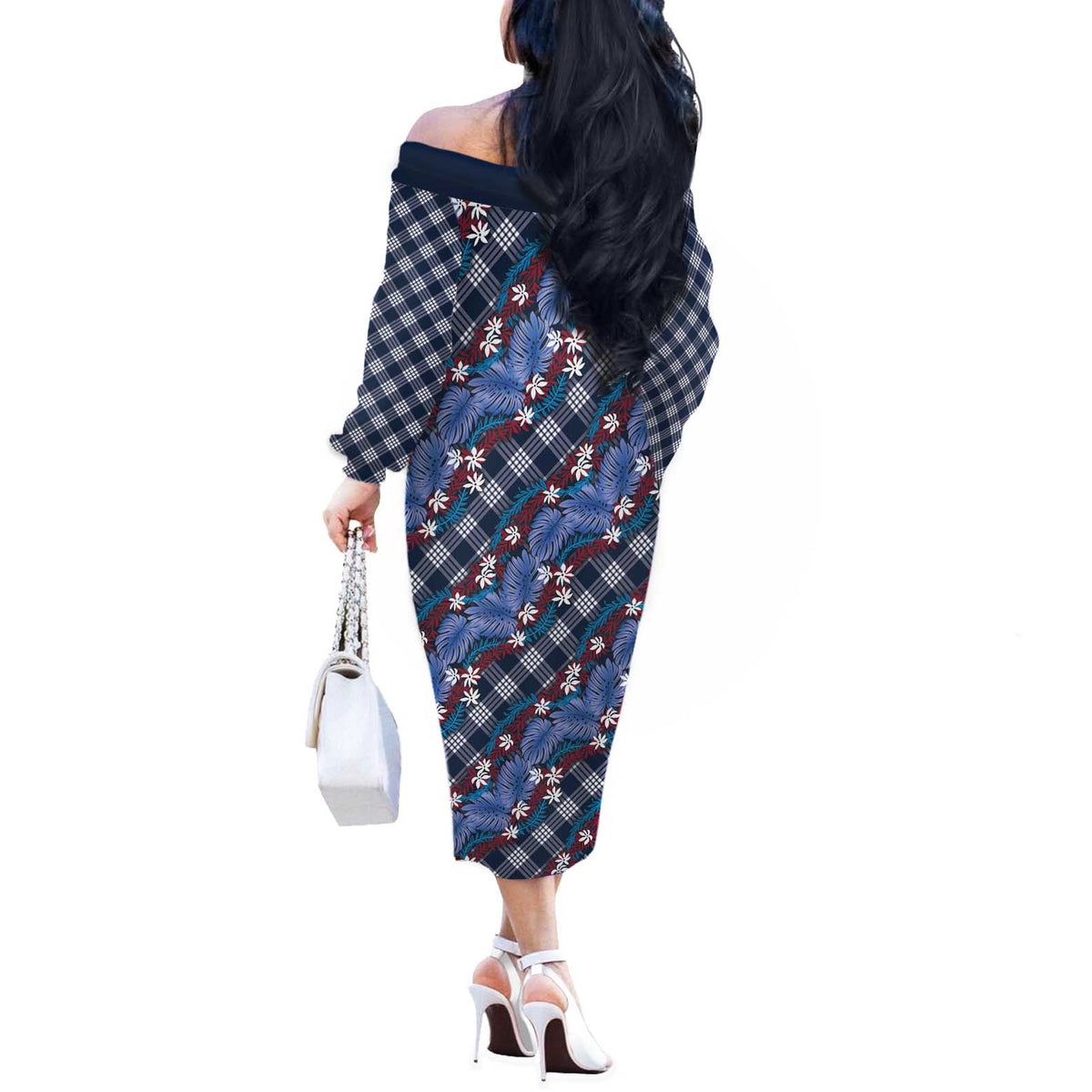 Polynesian Monstera Tiare Floral Off The Shoulder Long Sleeve Dress Royal Blue Tropical Plaid - Polynesian Pride
