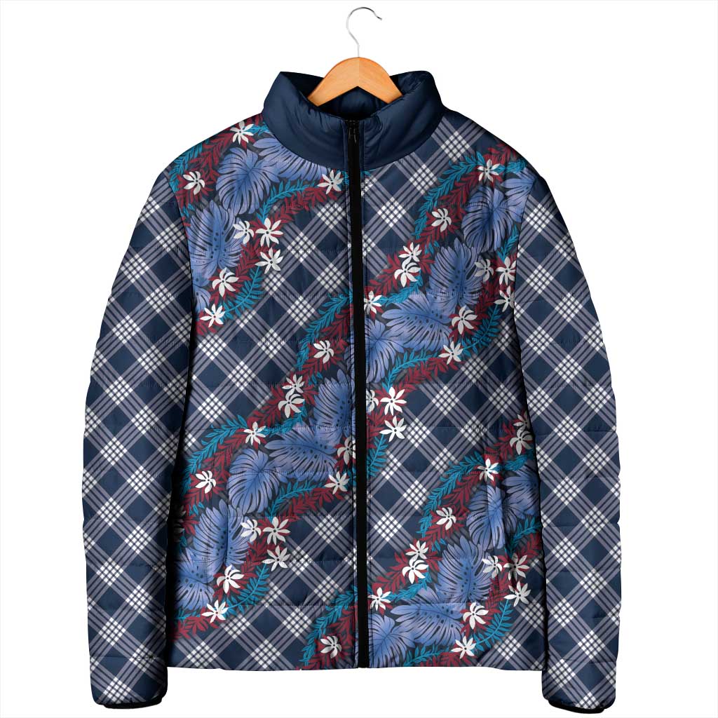 Polynesian Monstera Tiare Floral Padded Jacket Royal Blue Tropical Plaid - Polynesian Pride
