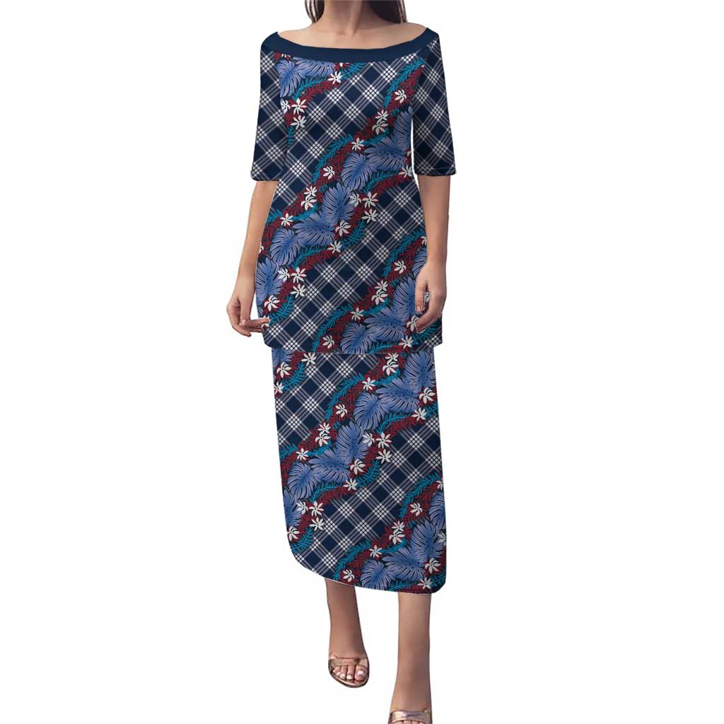 Polynesian Monstera Tiare Floral Puletasi Royal Blue Tropical Plaid - Polynesian Pride