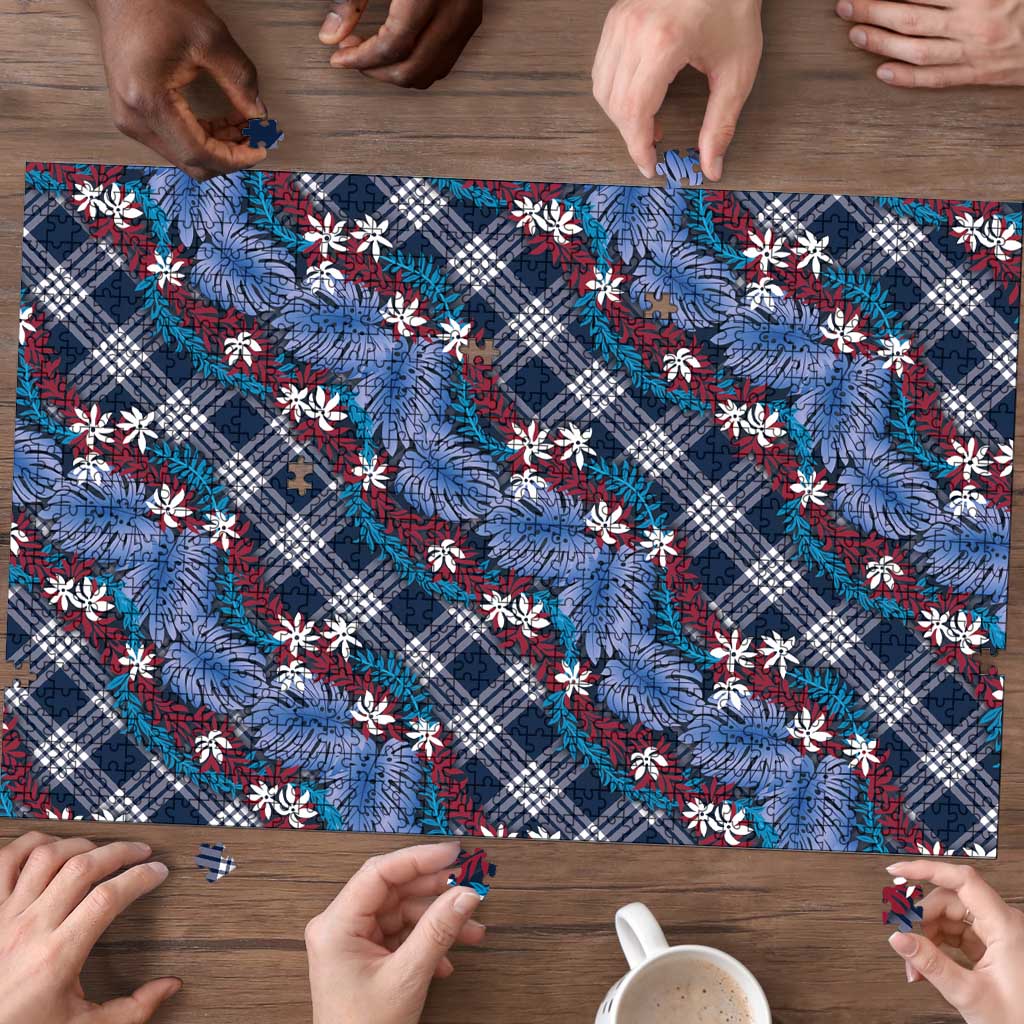 Polynesian Monstera Tiare Floral Puzzle Royal Blue Tropical Plaid - Polynesian Pride