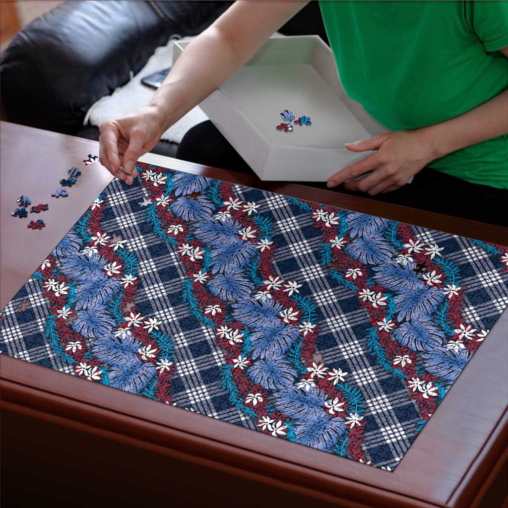Polynesian Monstera Tiare Floral Puzzle Royal Blue Tropical Plaid - Polynesian Pride