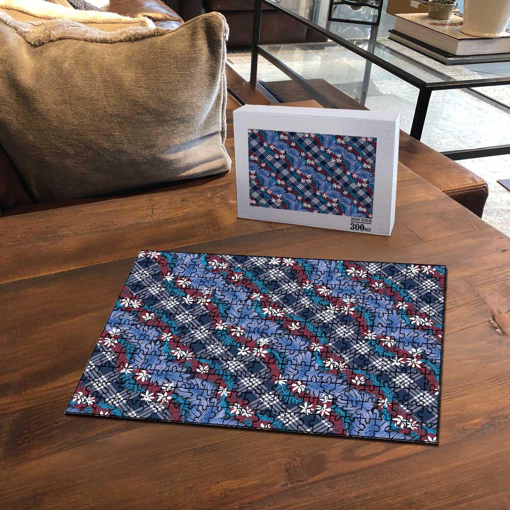 Polynesian Monstera Tiare Floral Puzzle Royal Blue Tropical Plaid - Polynesian Pride